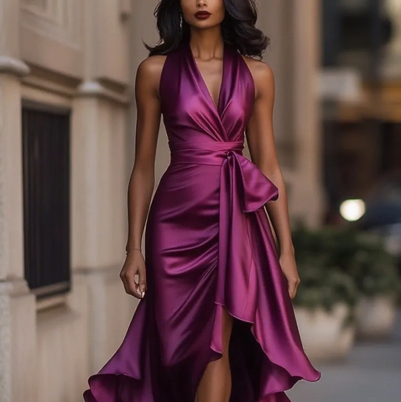 Elegant Deep V-neck Irregular Women's Ruffled Ruffled Evening Dress Gowns Solid Color Lace-up High Waist Satin Party Dresses Wedding Guests Dress - Grab & Glow