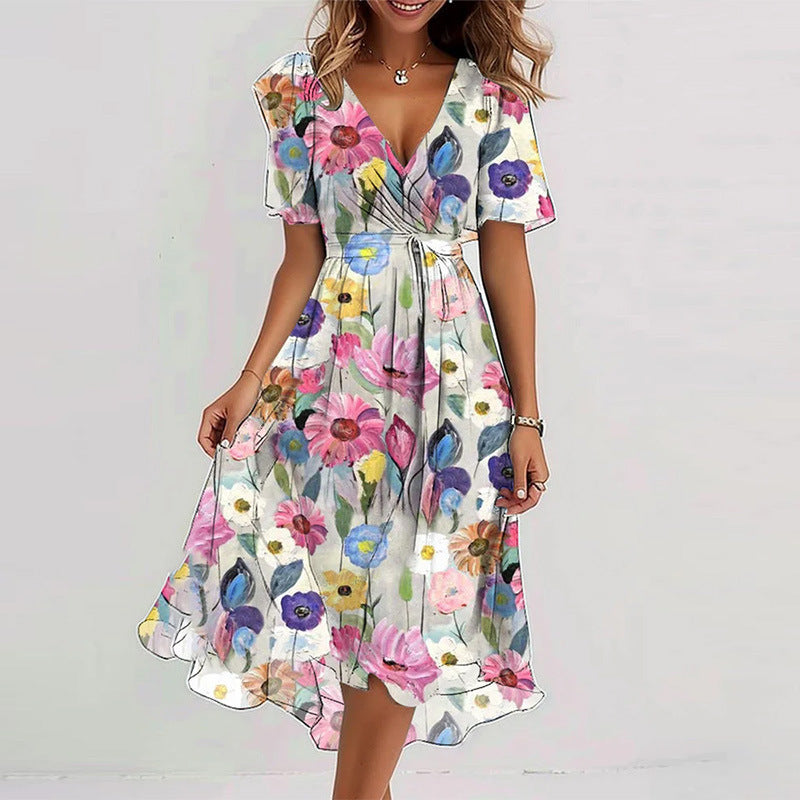 Flowers Printed V-neck Dress Summer A-line Short-sleeved Dresses For Women - Grab & Glow