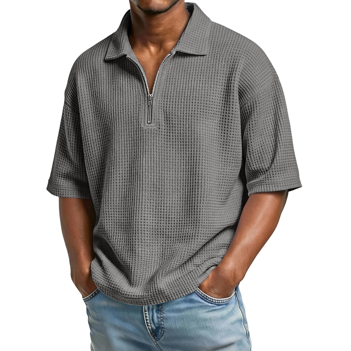 Men's Waffle-Weave Short-Sleeved Shirts Summer Solid Color Lapel Polo Shirt T-Shirt Beach Style Tops - Grab & Glow