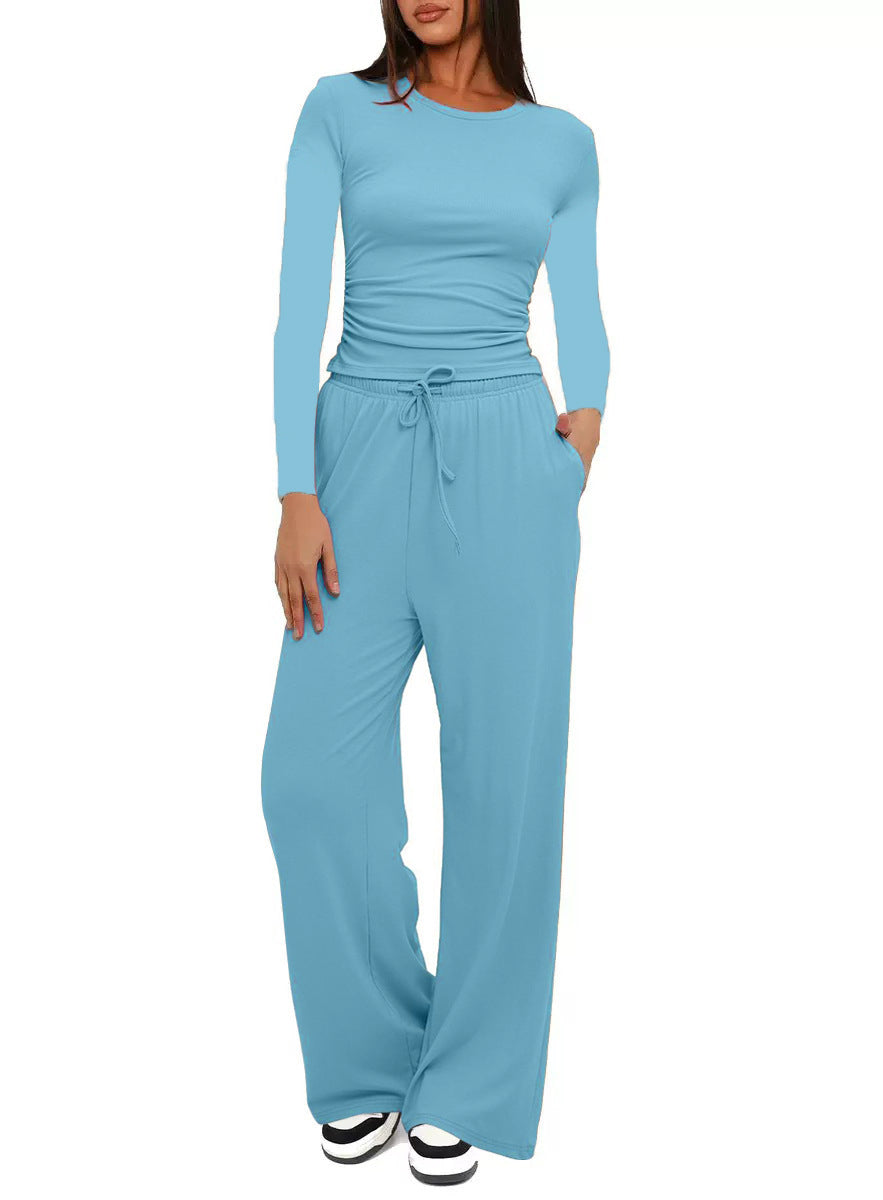 2 Pieces Women's Suit Autumn Winte Long Sleeve Tops High Waisted Wide Leg Pants Sportswear Female Clothes Solid Color Casual Suit - Grab & Glow
