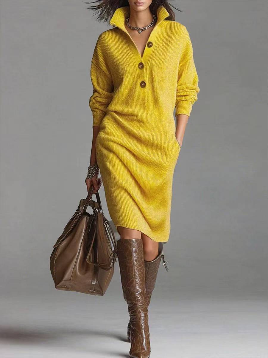 Long-sleeved Sweater Dress Fashion Warm Stand-up Collar V-neck Button Pullover Dresses Winter Casual Commuting Women's Clothing - Grab & Glow
