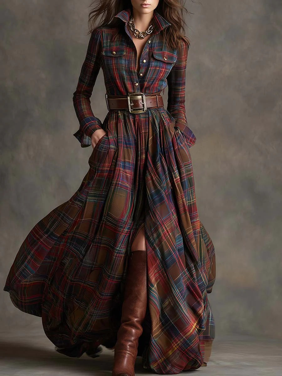 Ins Plaid Print Long-Sleeved Dress Fashion Pockets Collared Buttons Shirt Long Dresses Retro Women's Clothing - Grab & Glow