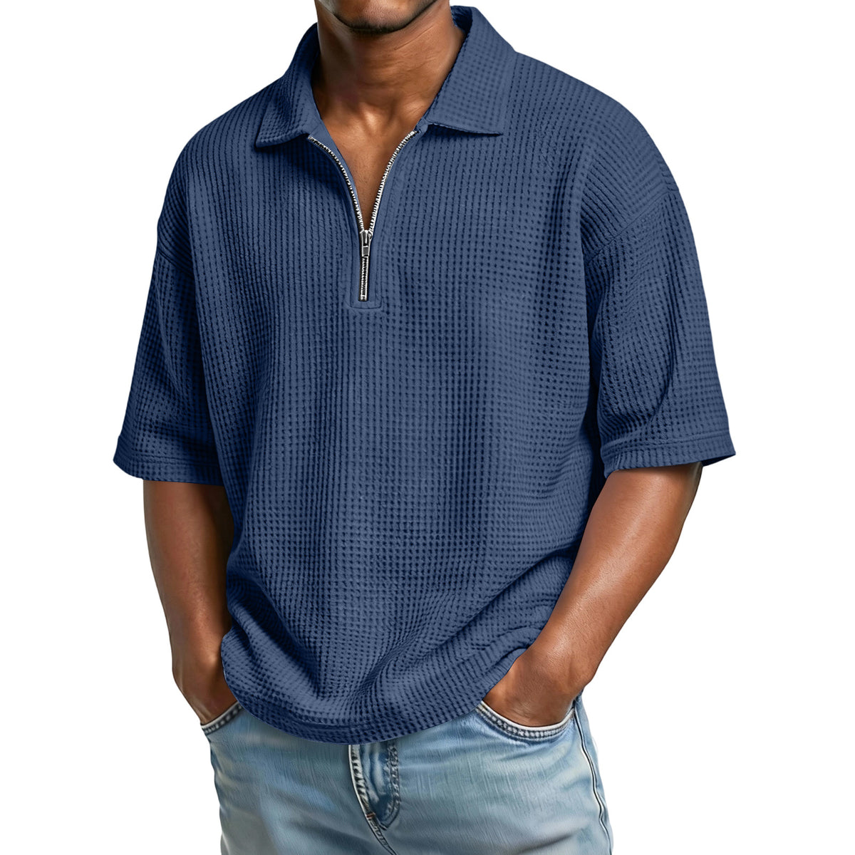 Men's Waffle-Weave Short-Sleeved Shirts Summer Solid Color Lapel Polo Shirt T-Shirt Beach Style Tops - Grab & Glow