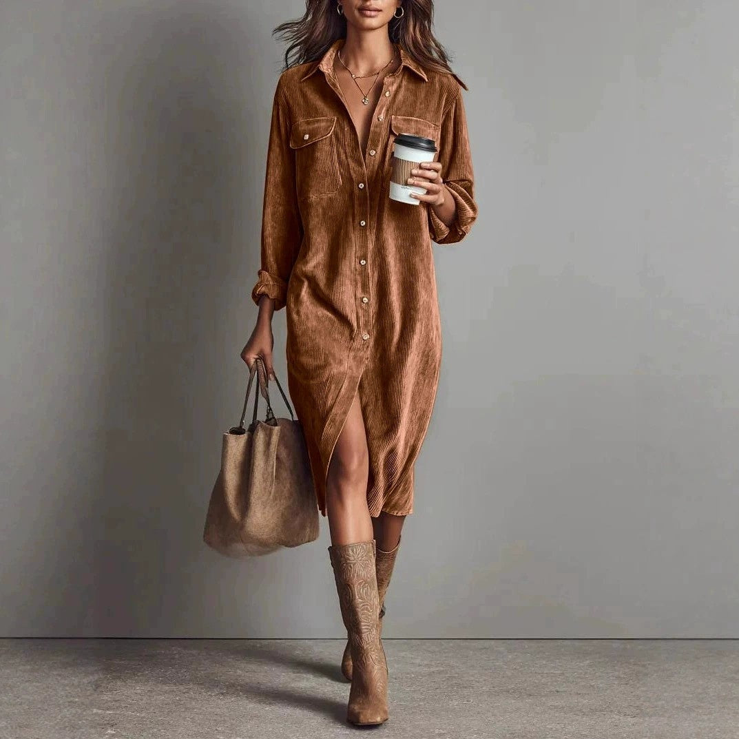 Long Sleeve Turn-Down Collar Button Dress - Grab & Glow