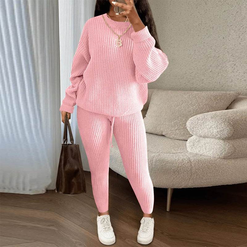 Winter Ribbed Knit Suits Fashion Loose Pullover Sweater Top And Drawstring Pants For Women Trouser Set Clothing - Grab & Glow