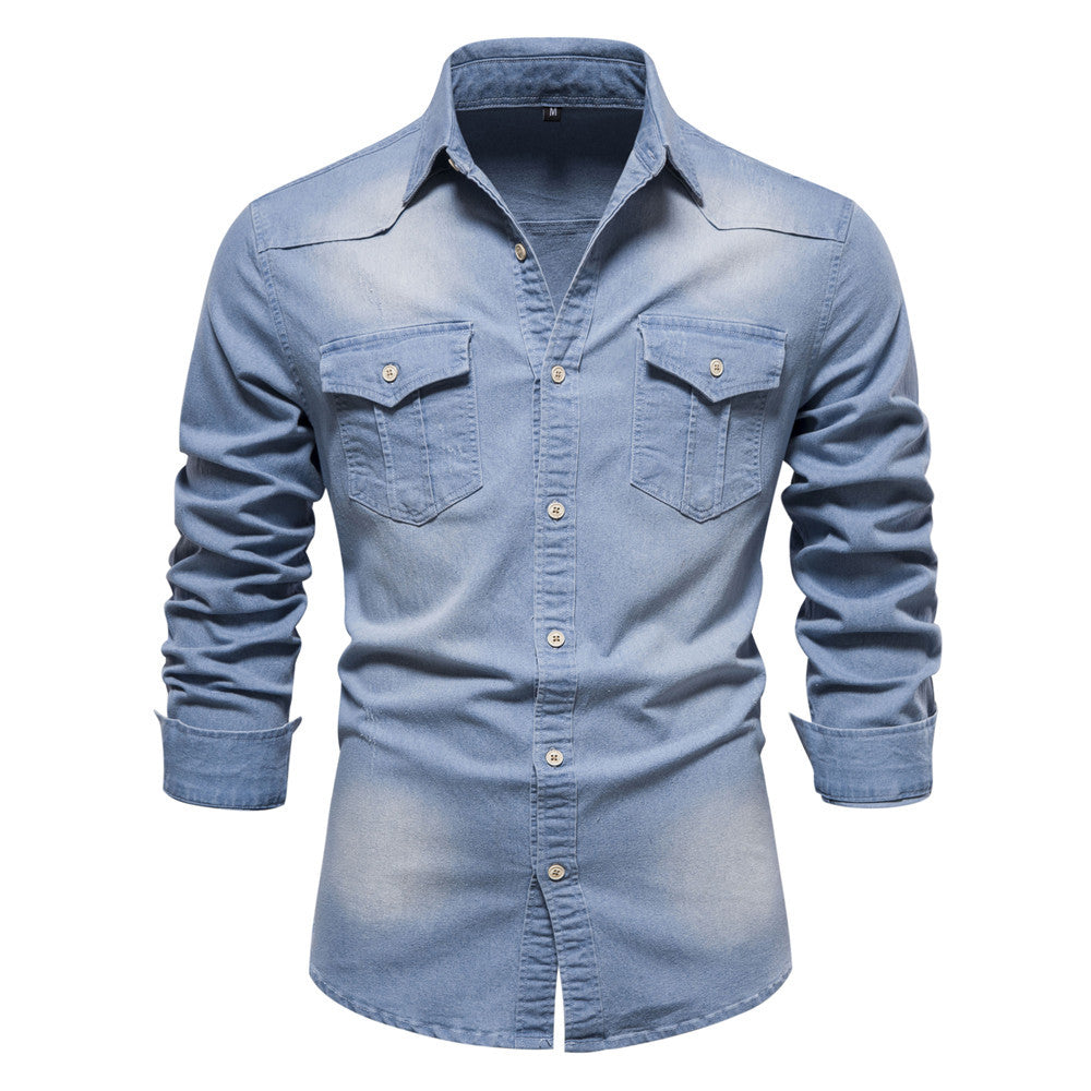 Men's Long-sleeved Denim Shirt Casual Solid Button Slim Tops Clothing - Grab & Glow