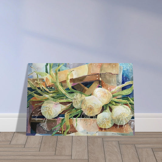 'Onions' Still Life Watercolor I 12x18 Museum-Quality Matte Paper Poster | Original Artwork by American Artist Barbara Cleary - Grab & Glow