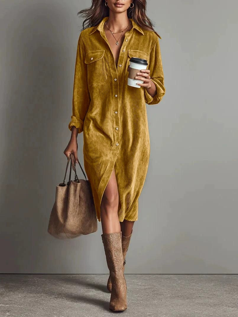 Long Sleeve Turn-Down Collar Button Dress - Grab & Glow