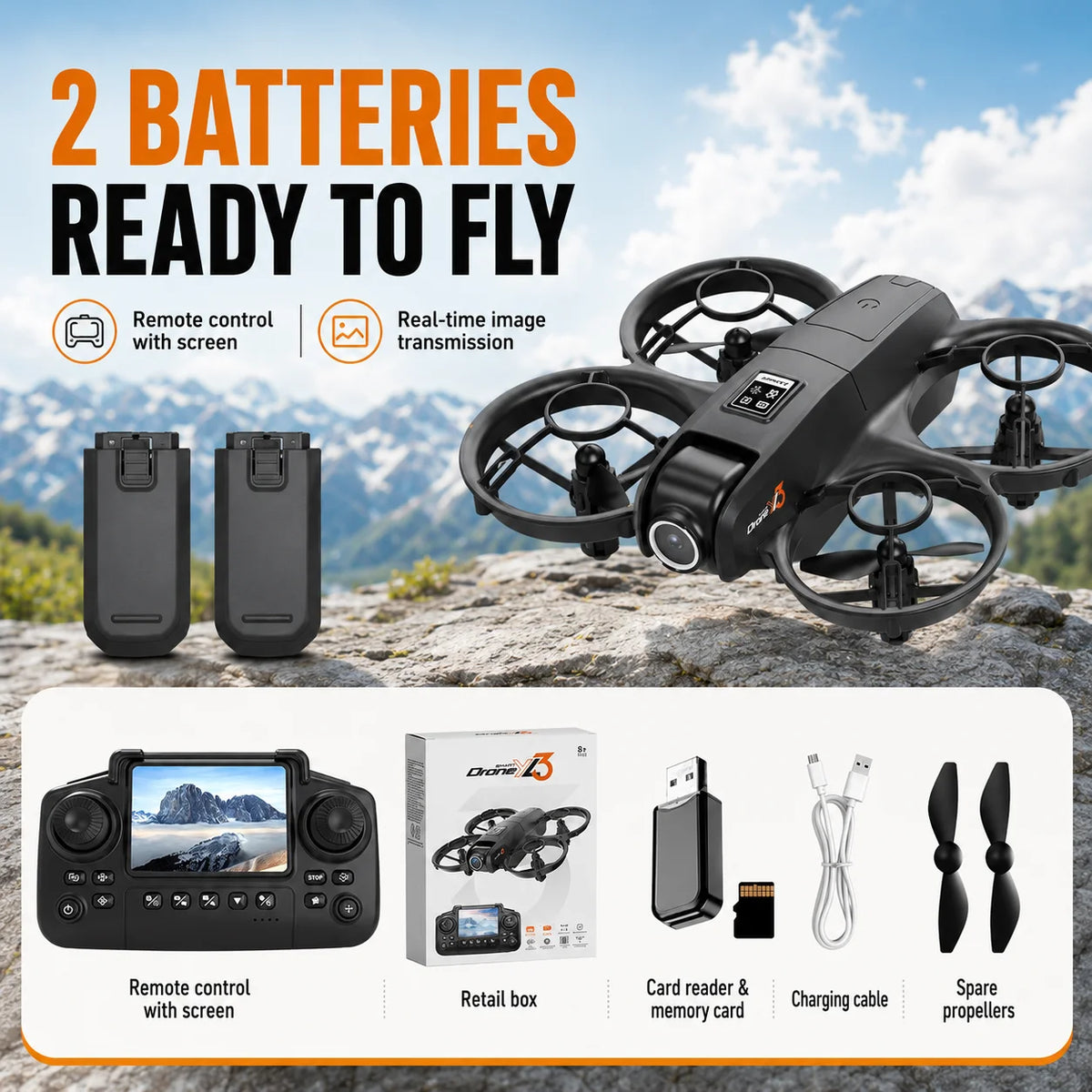 ZNLYRION Mini Full Protective Drone YL3PK With 2.4 Inch Screen Remote Dual Camera Optical Flow Hover 2 Batteries Indoor RC Quadcopter - Grab & Glow