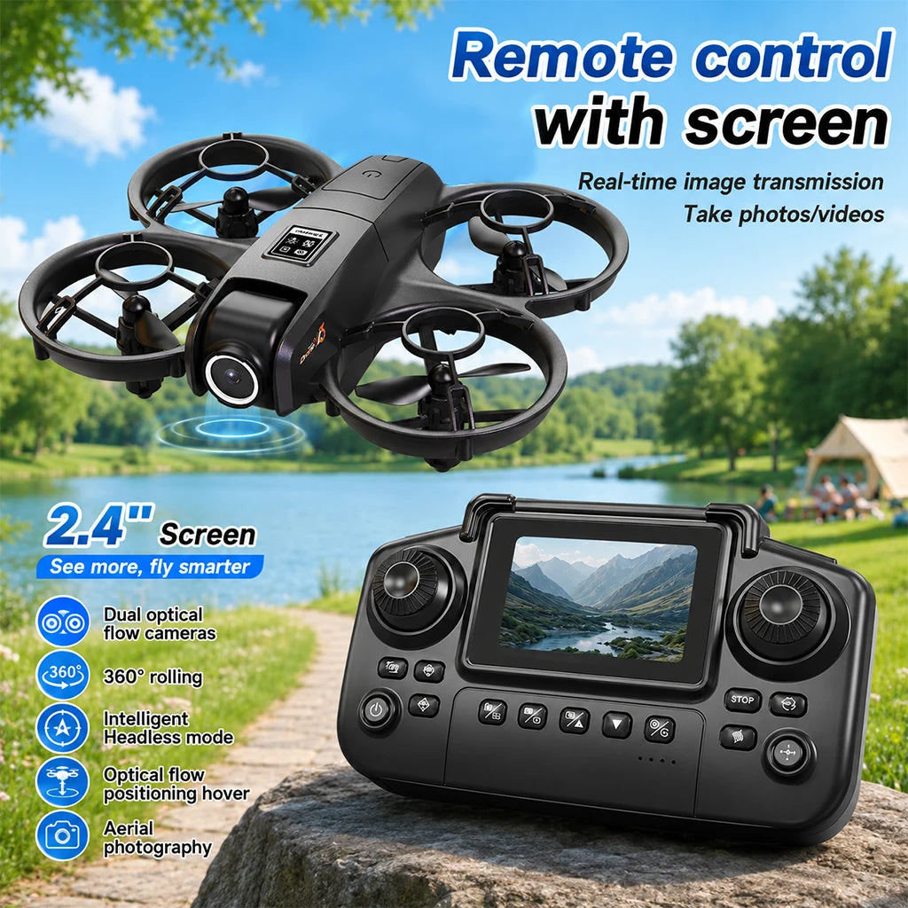 ZNLYRION Mini Full Protective Drone YL3PK With 2.4 Inch Screen Remote Dual Camera Optical Flow Hover 2 Batteries Indoor RC Quadcopter - Grab & Glow