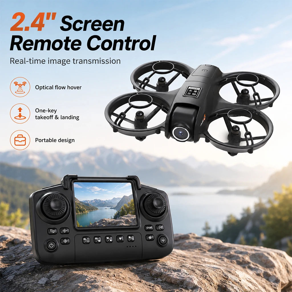 ZNLYRION Mini Full Protective Drone YL3PK With 2.4 Inch Screen Remote Dual Camera Optical Flow Hover 2 Batteries Indoor RC Quadcopter - Grab & Glow