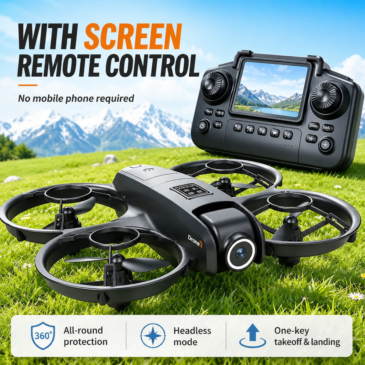ZNLYRION Mini Full Protective Drone YL3PK With 2.4 Inch Screen Remote Dual Camera Optical Flow Hover 2 Batteries Indoor RC Quadcopter - Grab & Glow