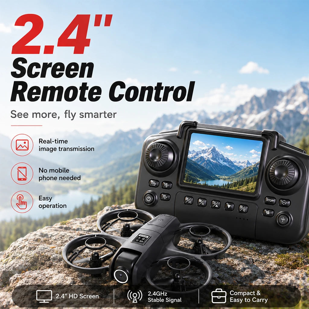 ZNLYRION Mini Full Protective Drone YL3PK With 2.4 Inch Screen Remote Dual Camera Optical Flow Hover 2 Batteries Indoor RC Quadcopter - Grab & Glow