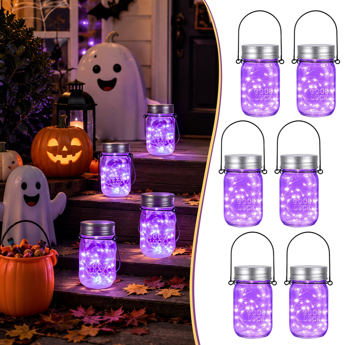GIGALUMI Hanging Mason Jar Solar Lights 6 Pack for Halloween Decorations - Grab & Glow