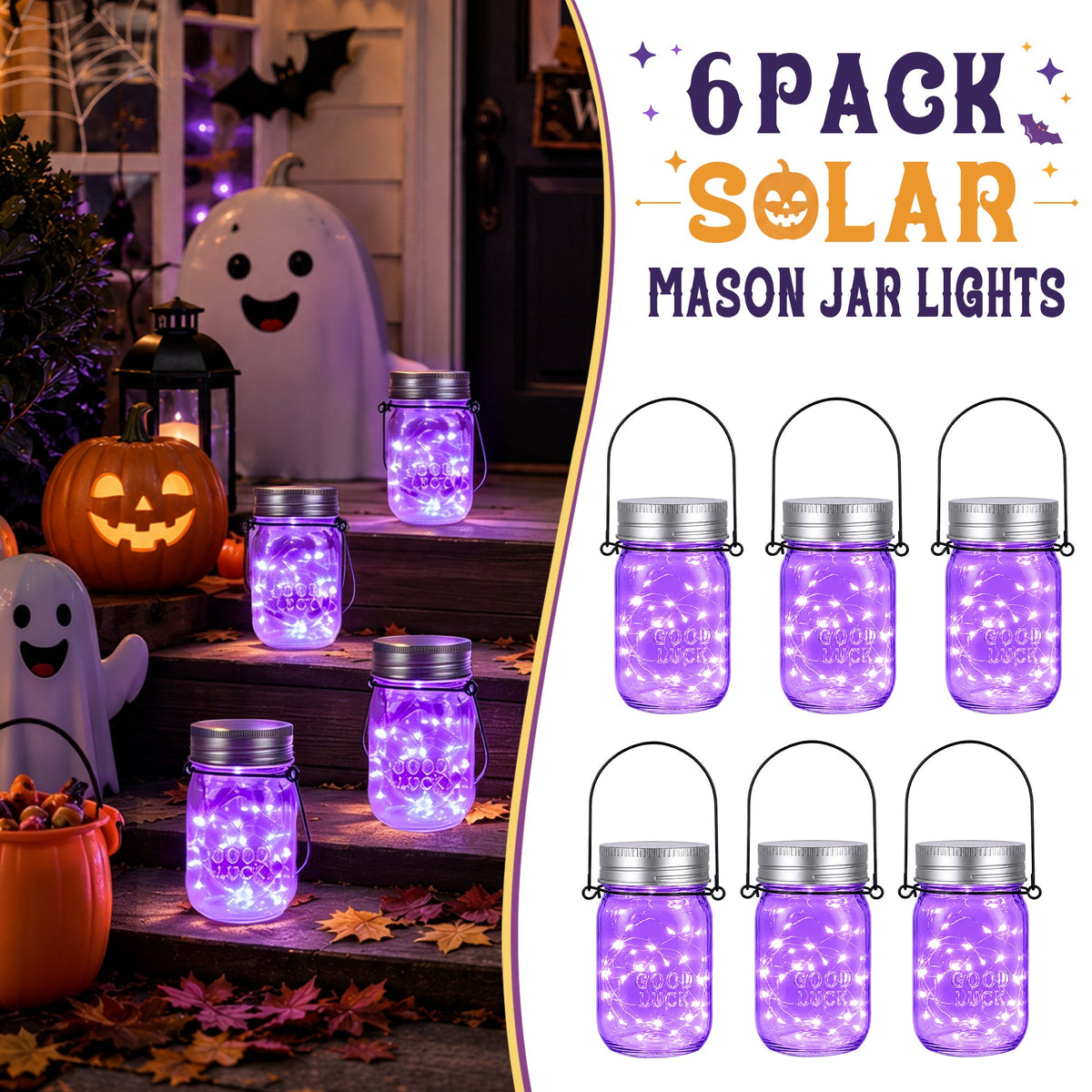 GIGALUMI Hanging Mason Jar Solar Lights 6 Pack for Halloween Decorations - Grab & Glow