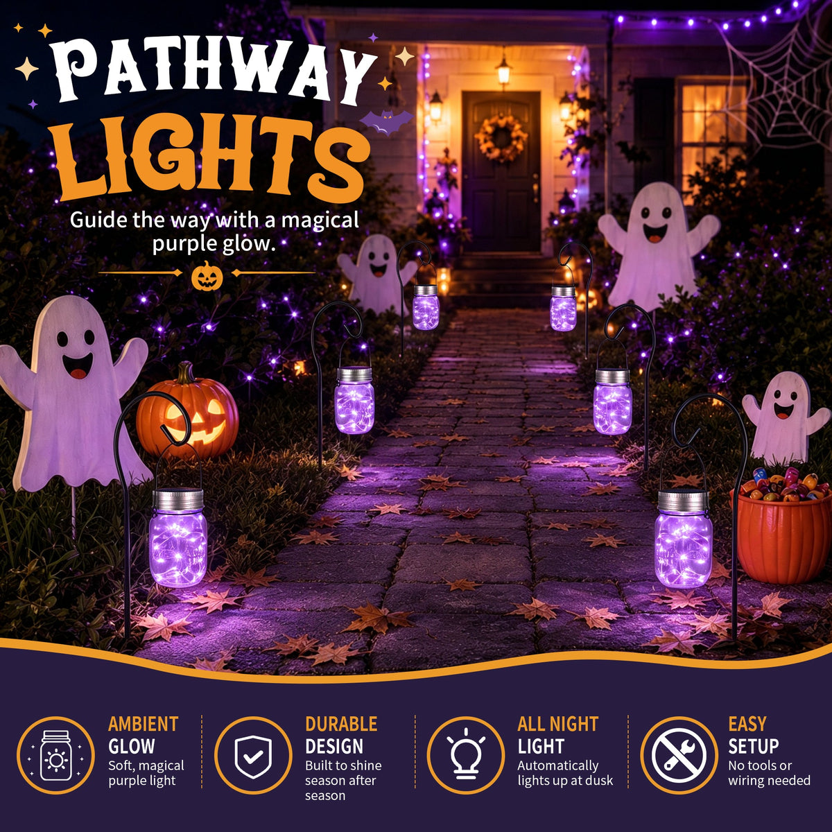 GIGALUMI Hanging Mason Jar Solar Lights 6 Pack for Halloween Decorations - Grab & Glow