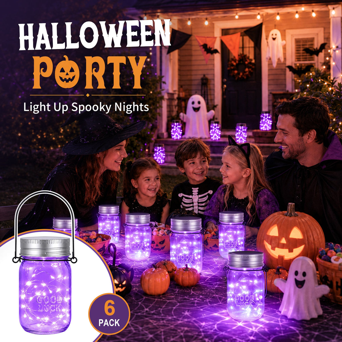 GIGALUMI Hanging Mason Jar Solar Lights 6 Pack for Halloween Decorations - Grab & Glow