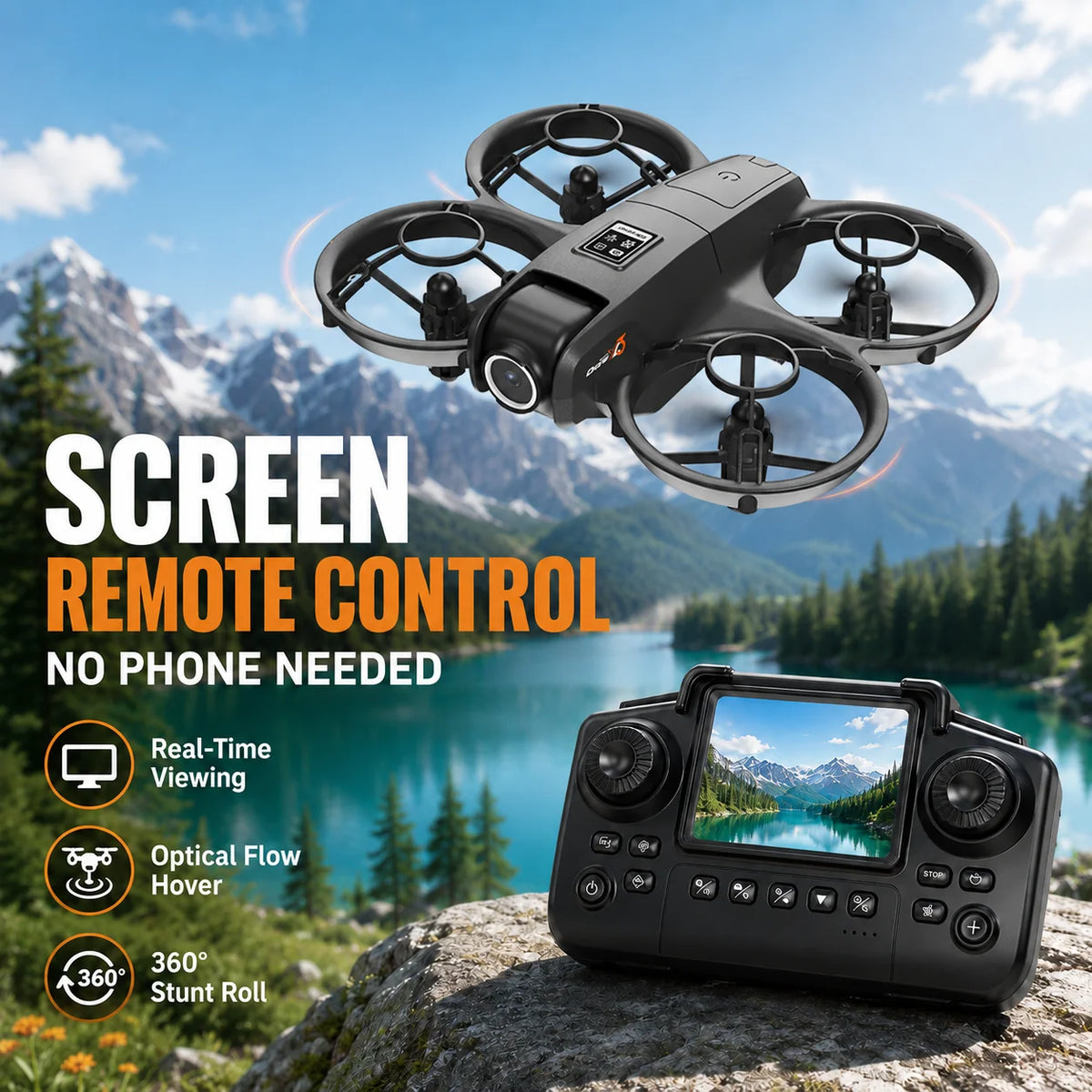 ZNLYRION Mini Full Protective Drone YL3PK With 2.4 Inch Screen Remote Dual Camera Optical Flow Hover 2 Batteries Indoor RC Quadcopter - Grab & Glow