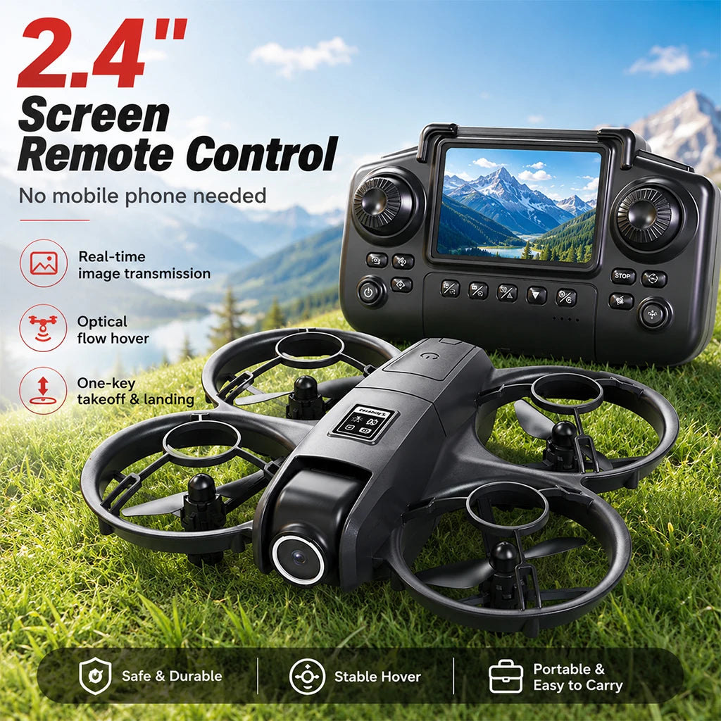 ZNLYRION Mini Full Protective Drone YL3PK With 2.4 Inch Screen Remote Dual Camera Optical Flow Hover 2 Batteries Indoor RC Quadcopter - Grab & Glow