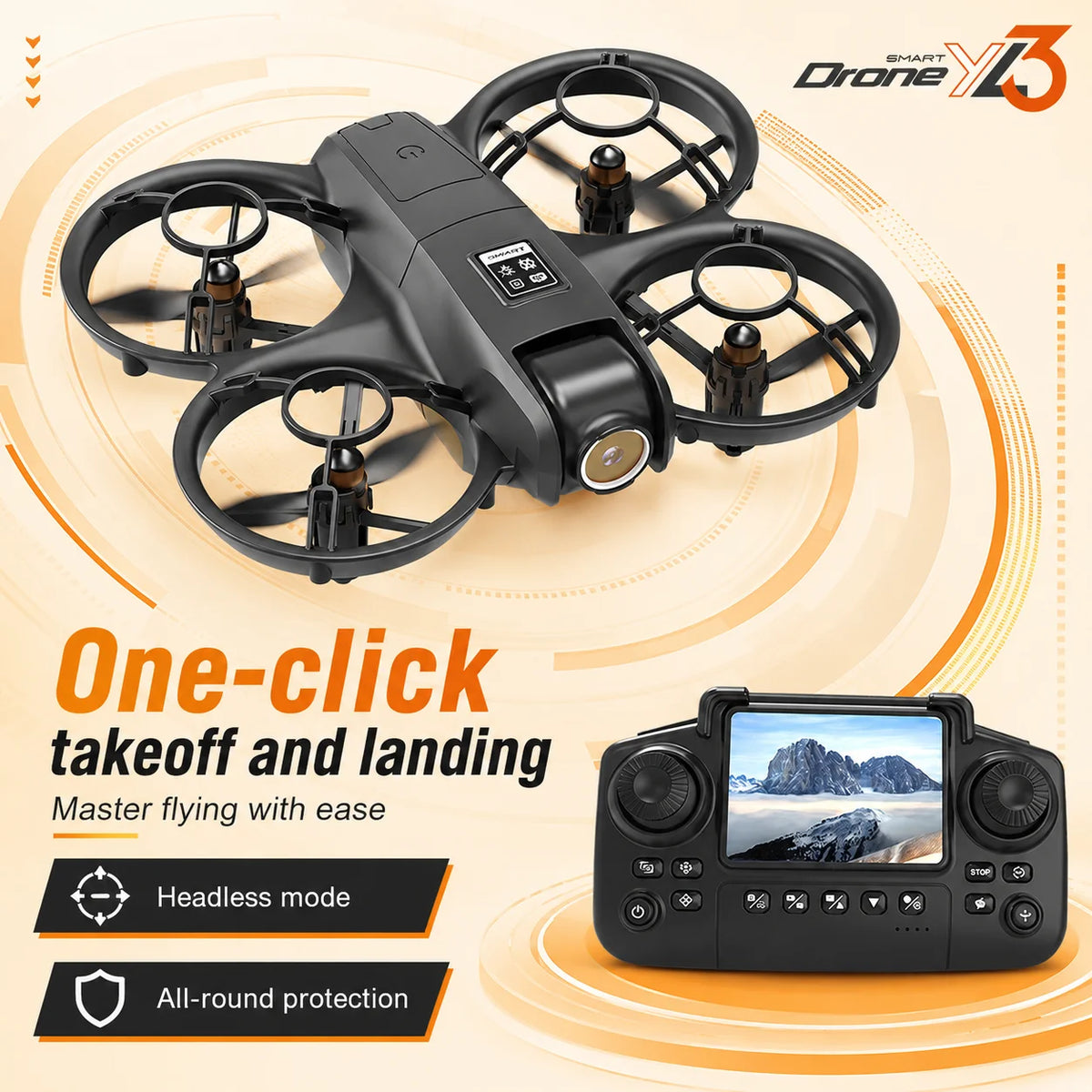 ZNLYRION Mini Full Protective Drone YL3PK With 2.4 Inch Screen Remote Dual Camera Optical Flow Hover 2 Batteries Indoor RC Quadcopter - Grab & Glow