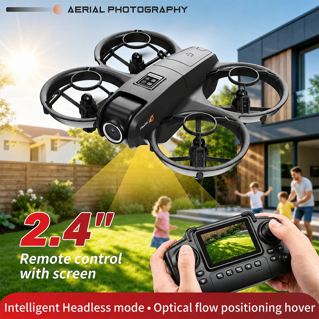 ZNLYRION Mini Full Protective Drone YL3PK With 2.4 Inch Screen Remote Dual Camera Optical Flow Hover 2 Batteries Indoor RC Quadcopter - Grab & Glow