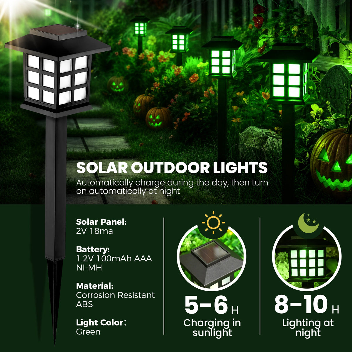 GIGALUMI Halloween Solar Lights Outdoor,12ps Green Halloween Decorations - Grab & Glow
