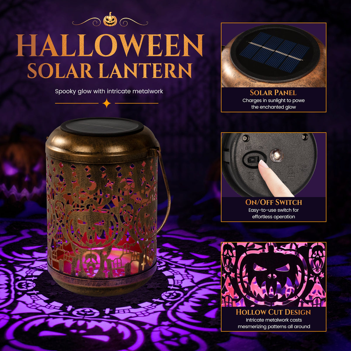 GIGALUMI Halloween Decorations 1-Pack Purple Solar Pumpkin Lights Outdoor - Grab & Glow