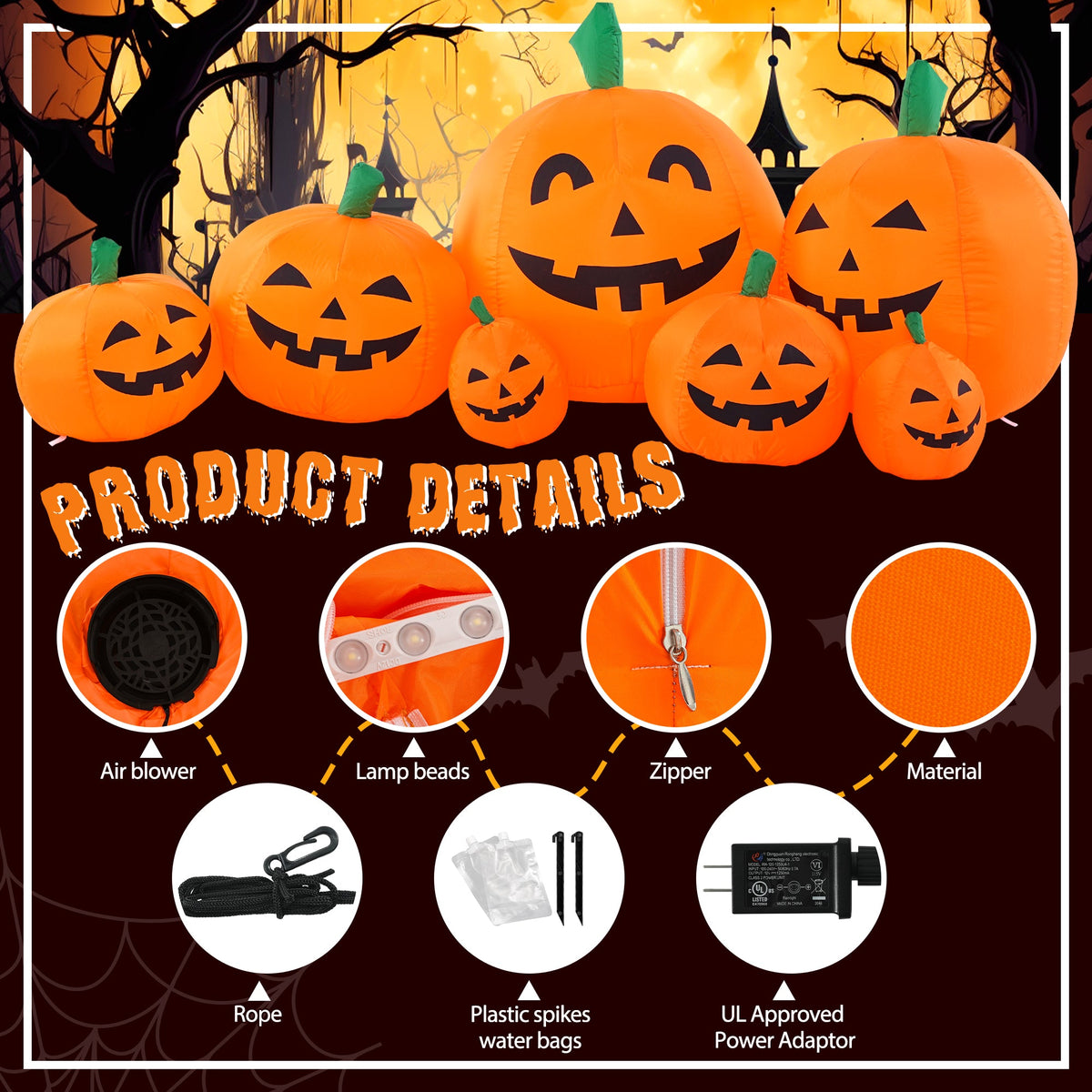 Giant 7.5FT Halloween Inflatable Pumpkin — Light-Up Outdoor Yard Decoration - Grab & Glow