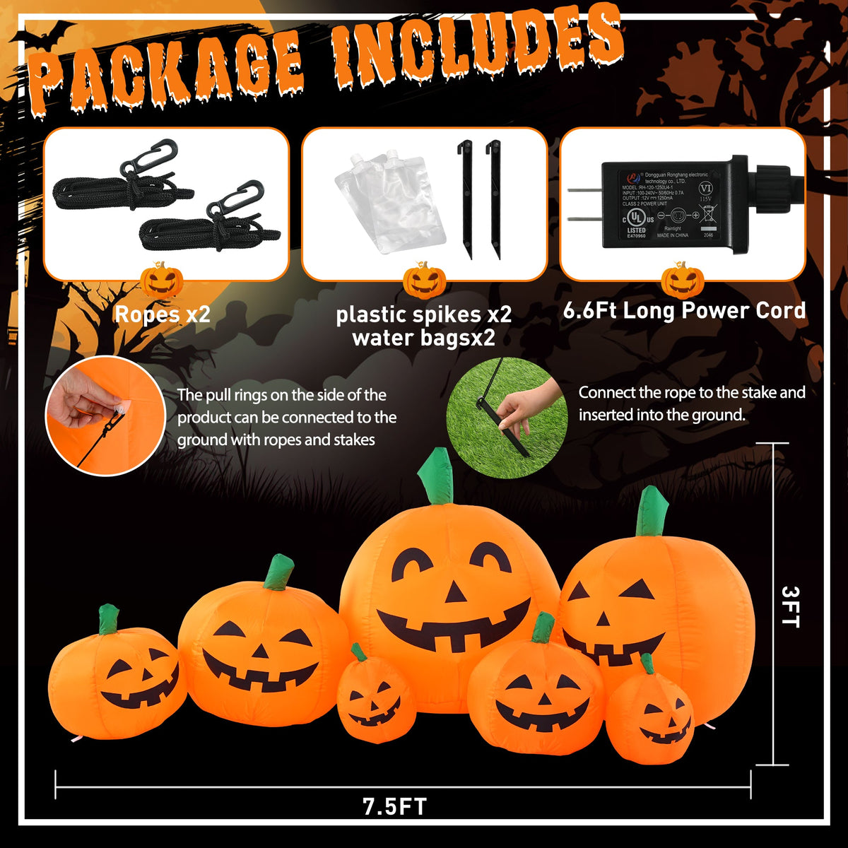 Giant 7.5FT Halloween Inflatable Pumpkin — Light-Up Outdoor Yard Decoration - Grab & Glow