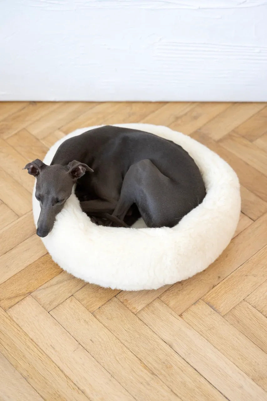 Round Natural Wool Pet Bed - White - Grab & Glow