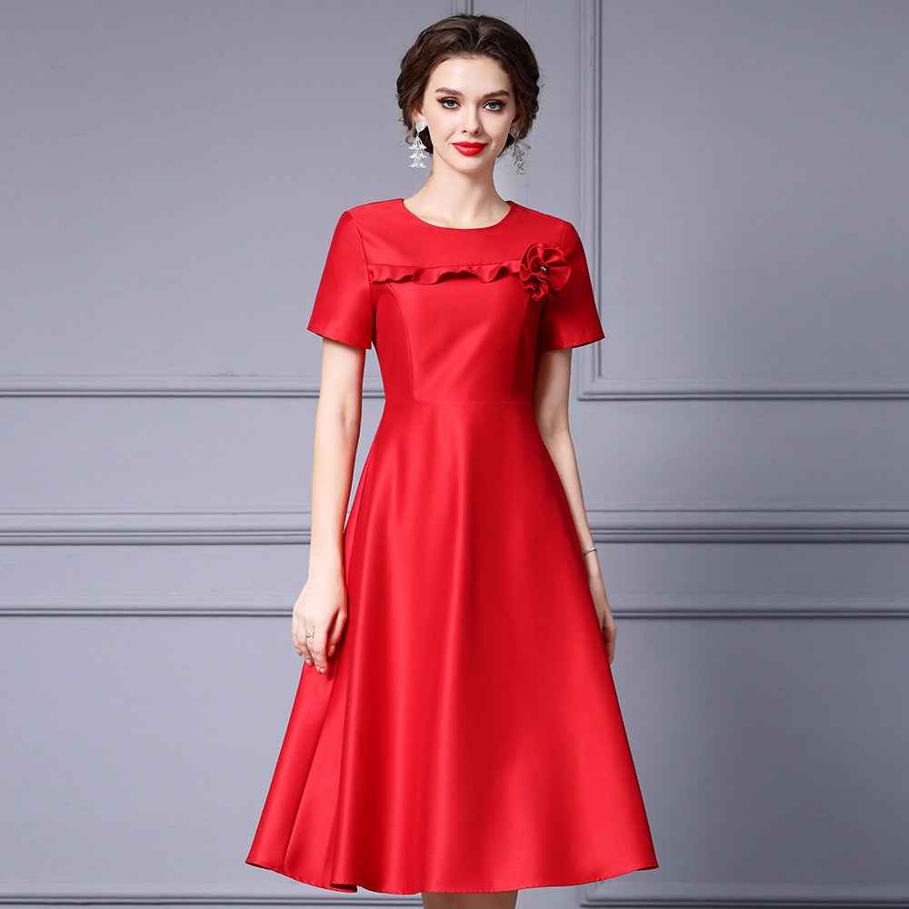 Zhili French-Style Elegant Ladylike Dress with Three-Dimensional Floral Decoration, High-Waisted Short-Sleeve A-Line Flared Skirt, Summer 2026 - Grab & Glow