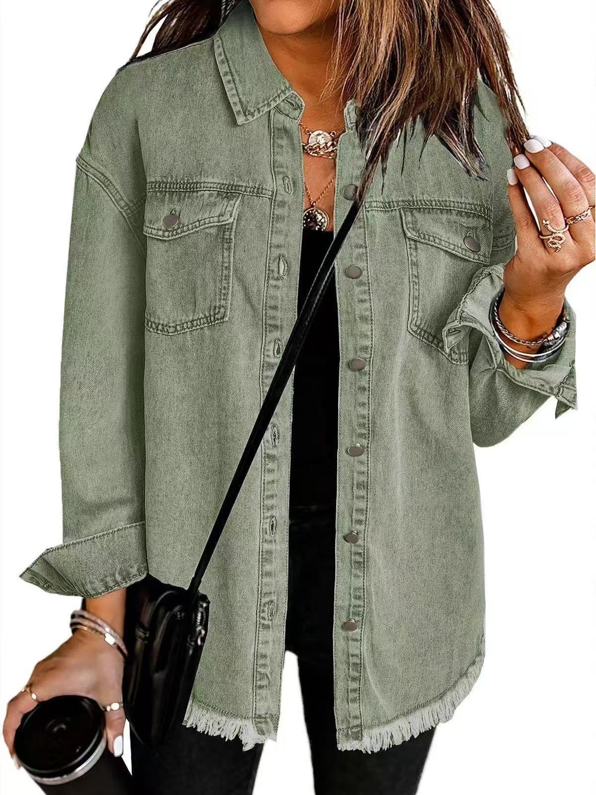 Cross-border New Washed Denim Shirt Jacket 2024 European and American Women's Autumn and Winter Distinctive Street Style Edge Hem Jacket - Grab & Glow