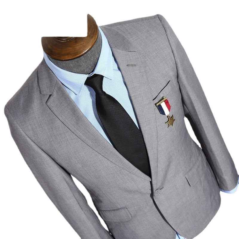 Men's Slim Fit Gray Striped Business Suit - Grab & Glow