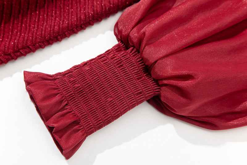 L6790 2025 Autumn Women's New Half-Turtleneck Bow Decoration Color-Block Lantern Long Sleeve Dress - Grab & Glow