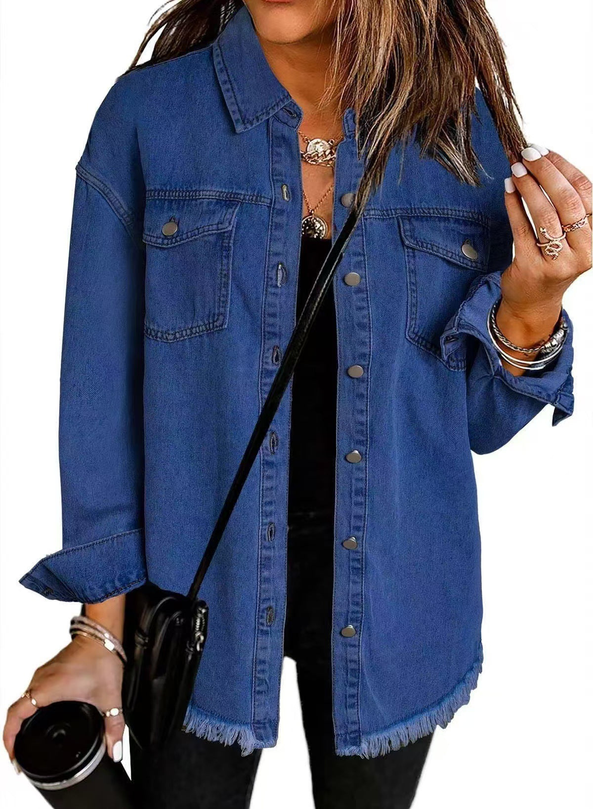 Cross-border New Washed Denim Shirt Jacket 2024 European and American Women's Autumn and Winter Distinctive Street Style Edge Hem Jacket - Grab & Glow