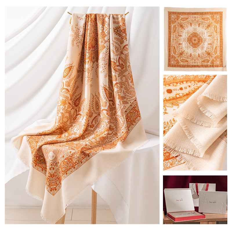 New Style Women's Silk Wool Scarf, Retro Printed Square Scarf, Sun Protection and Warm Neck Scarf, Dual-Use Decorative Scarf - Grab & Glow