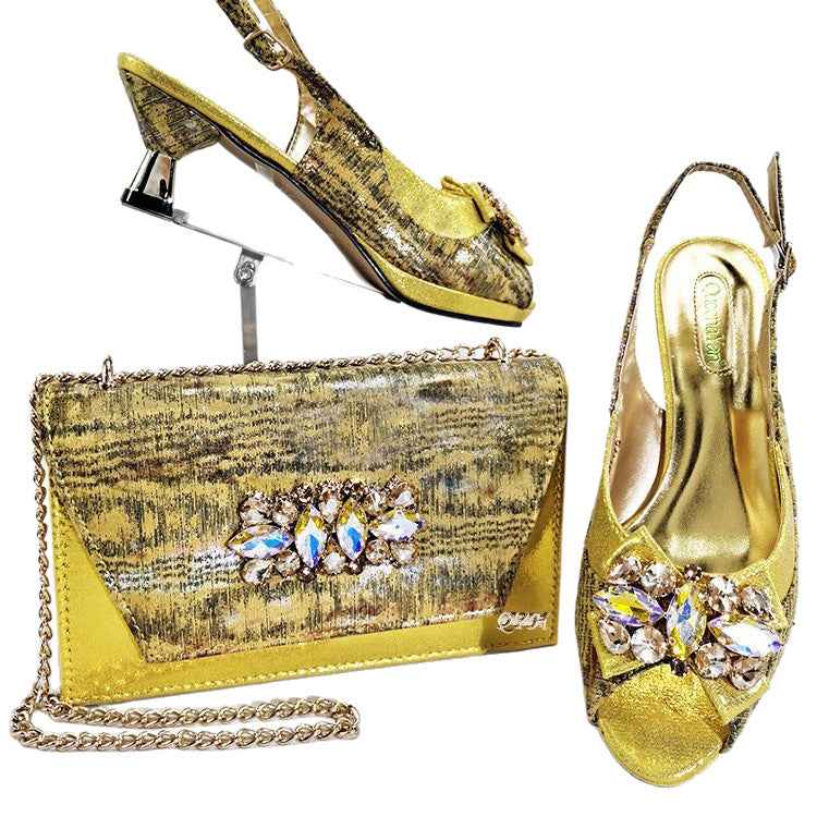 Irregular-Shaped Chunky Heel Shoes with Rhinestone Decoration and Back Strap, Women's Shoes with Chain Shoulder Evening Bag, Fashionable Party Shoe and Bag Set - Grab & Glow
