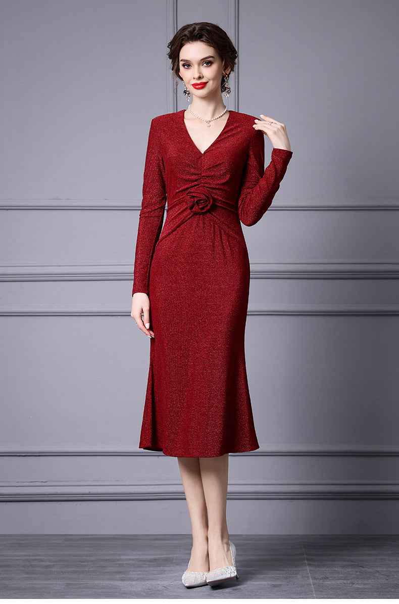 Zhili Red Mature Feminine Dress with Wrap Skirt, V-Neck, Floral Decoration, Bodycon Skirt, Mermaid Skirt, Spring 2026 - Grab & Glow
