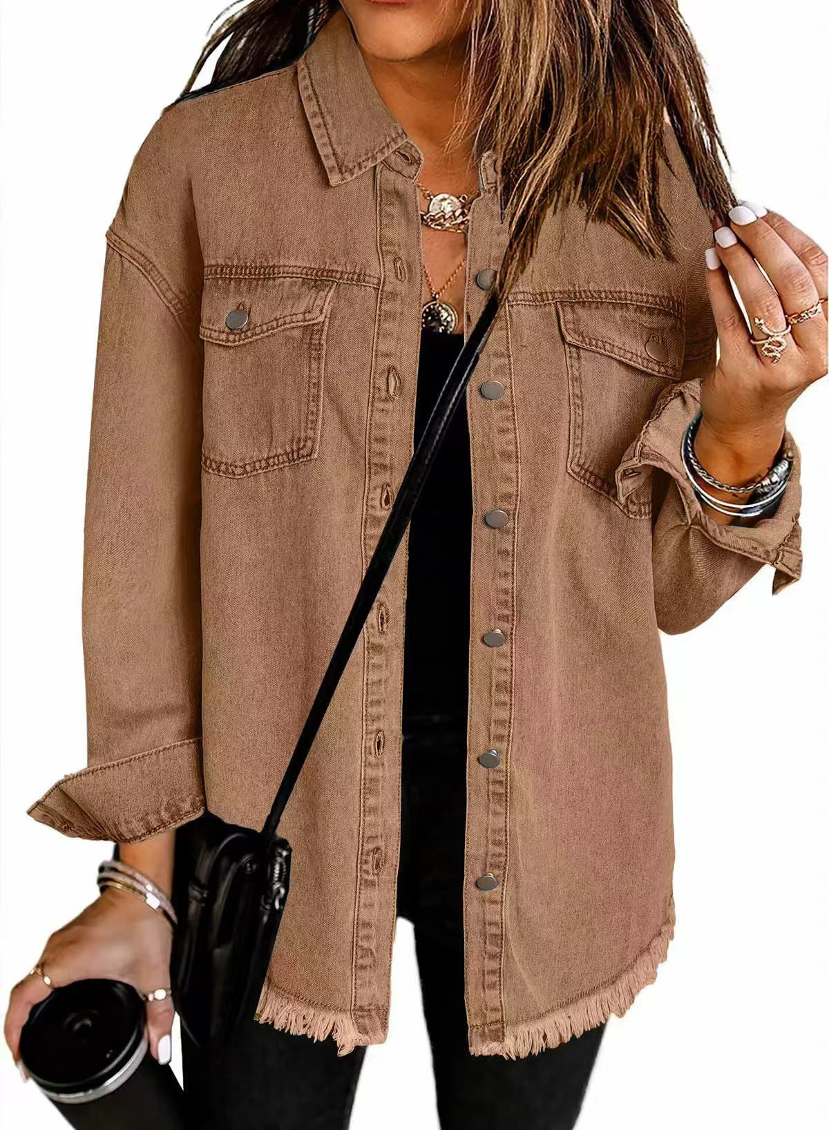 Cross-border New Washed Denim Shirt Jacket 2024 European and American Women's Autumn and Winter Distinctive Street Style Edge Hem Jacket - Grab & Glow