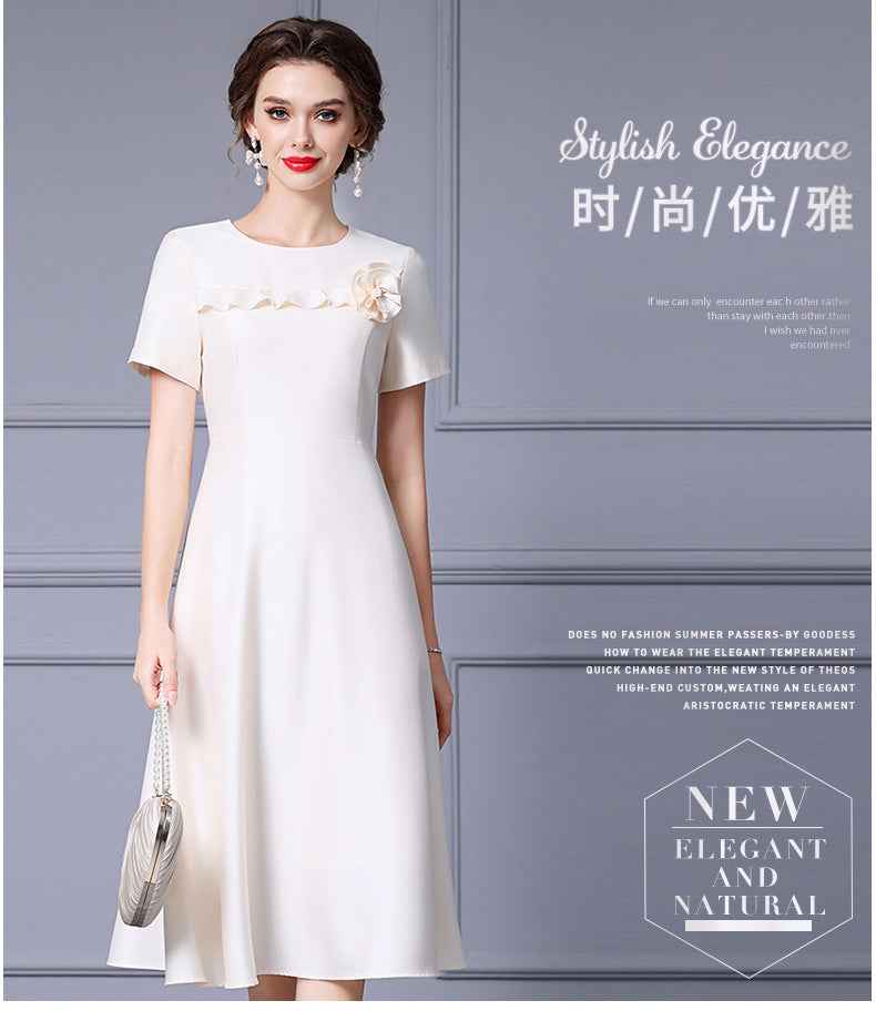 Zhili French-Style Elegant Ladylike Dress with Three-Dimensional Floral Decoration, High-Waisted Short-Sleeve A-Line Flared Skirt, Summer 2026 - Grab & Glow
