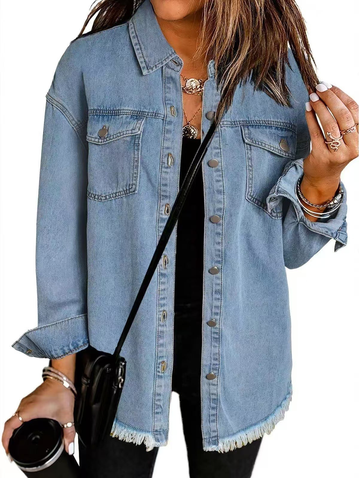 Cross-border New Washed Denim Shirt Jacket 2024 European and American Women's Autumn and Winter Distinctive Street Style Edge Hem Jacket - Grab & Glow
