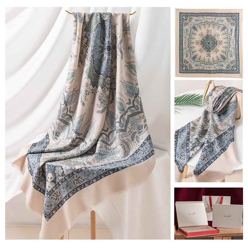 New Style Women's Silk Wool Scarf, Retro Printed Square Scarf, Sun Protection and Warm Neck Scarf, Dual-Use Decorative Scarf - Grab & Glow