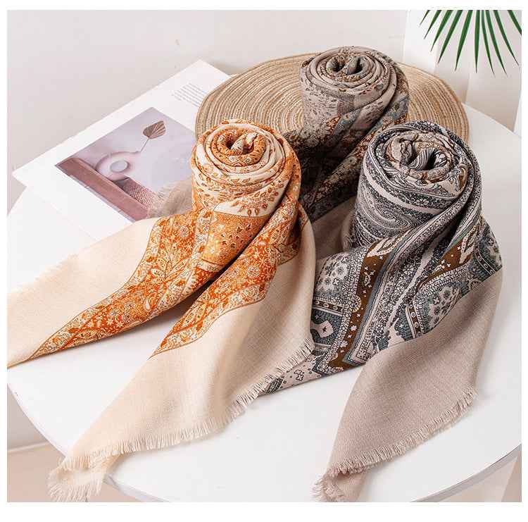 New Style Women's Silk Wool Scarf, Retro Printed Square Scarf, Sun Protection and Warm Neck Scarf, Dual-Use Decorative Scarf - Grab & Glow