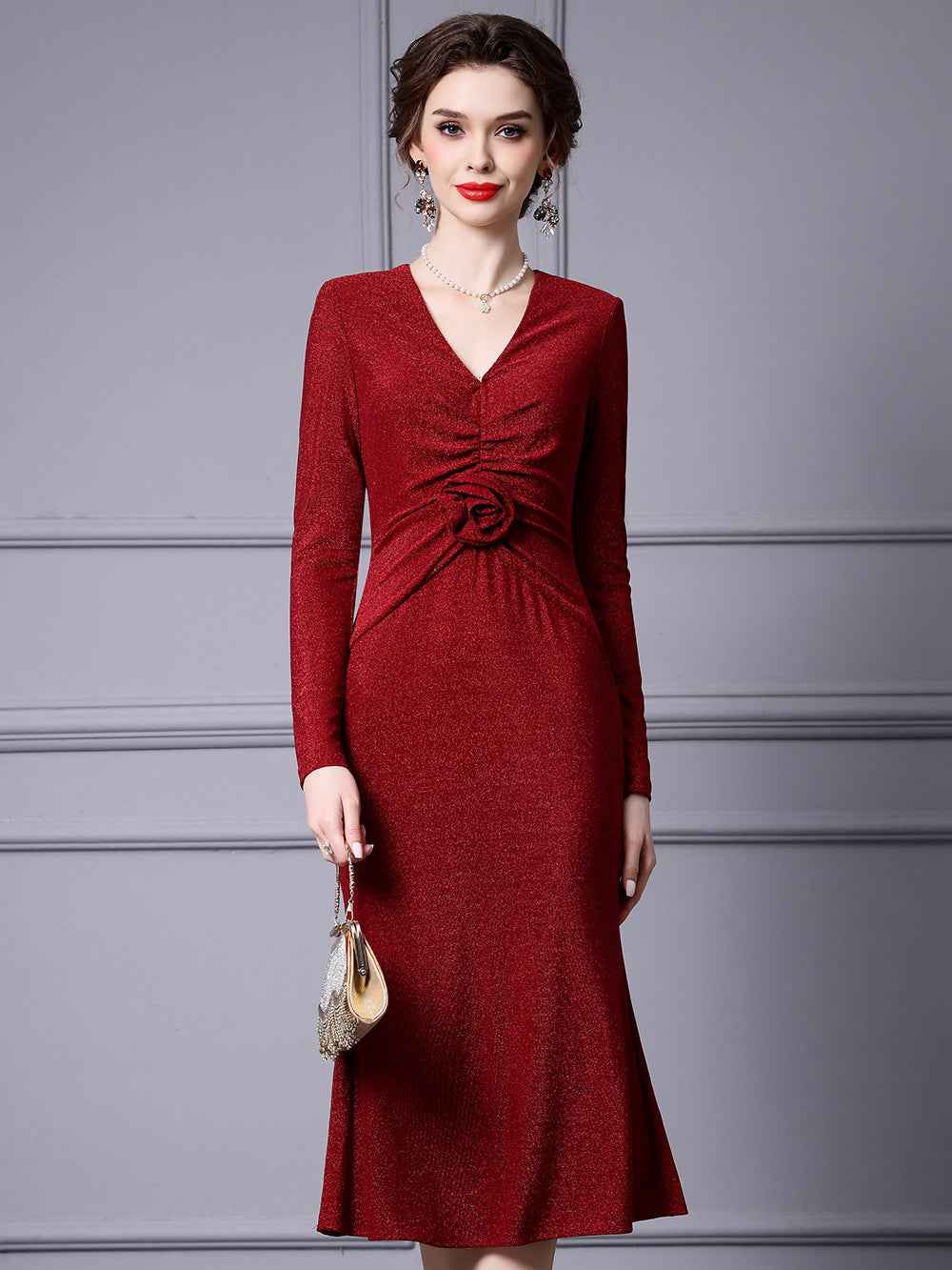 Zhili Red Mature Feminine Dress with Wrap Skirt, V-Neck, Floral Decoration, Bodycon Skirt, Mermaid Skirt, Spring 2026 - Grab & Glow
