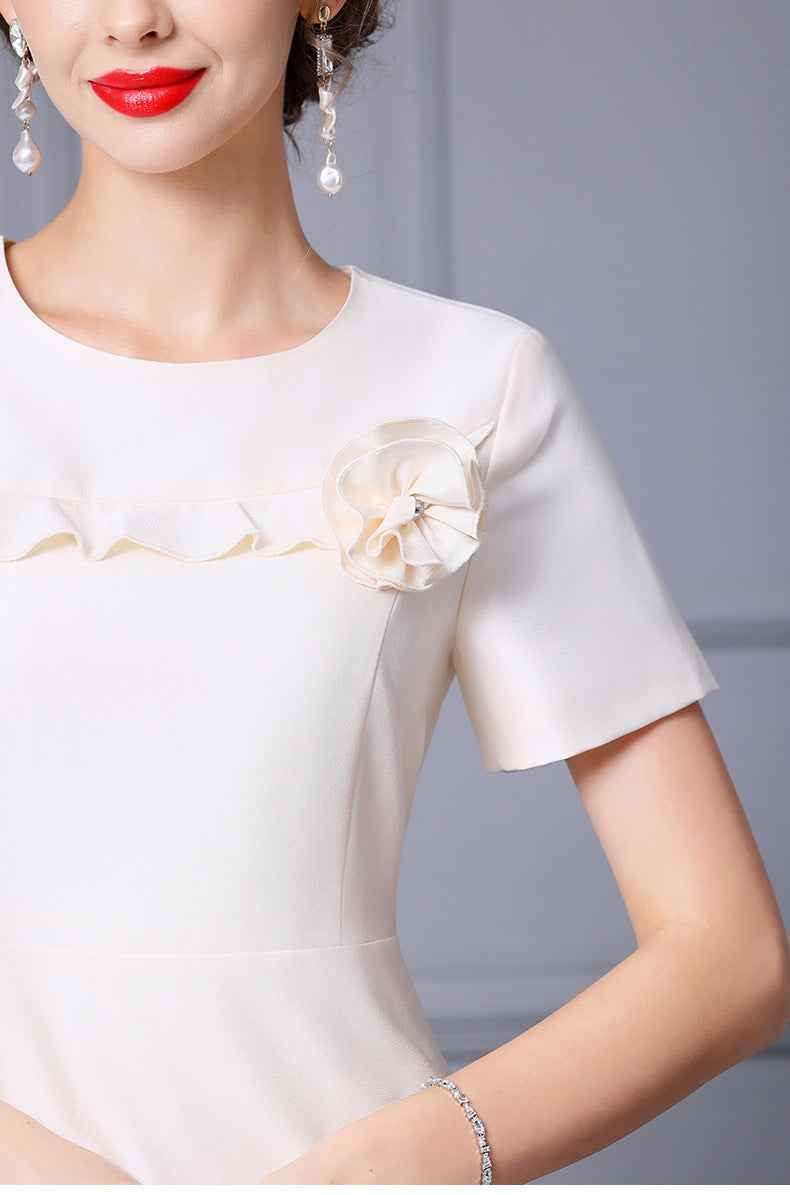 Zhili French-Style Elegant Ladylike Dress with Three-Dimensional Floral Decoration, High-Waisted Short-Sleeve A-Line Flared Skirt, Summer 2026 - Grab & Glow