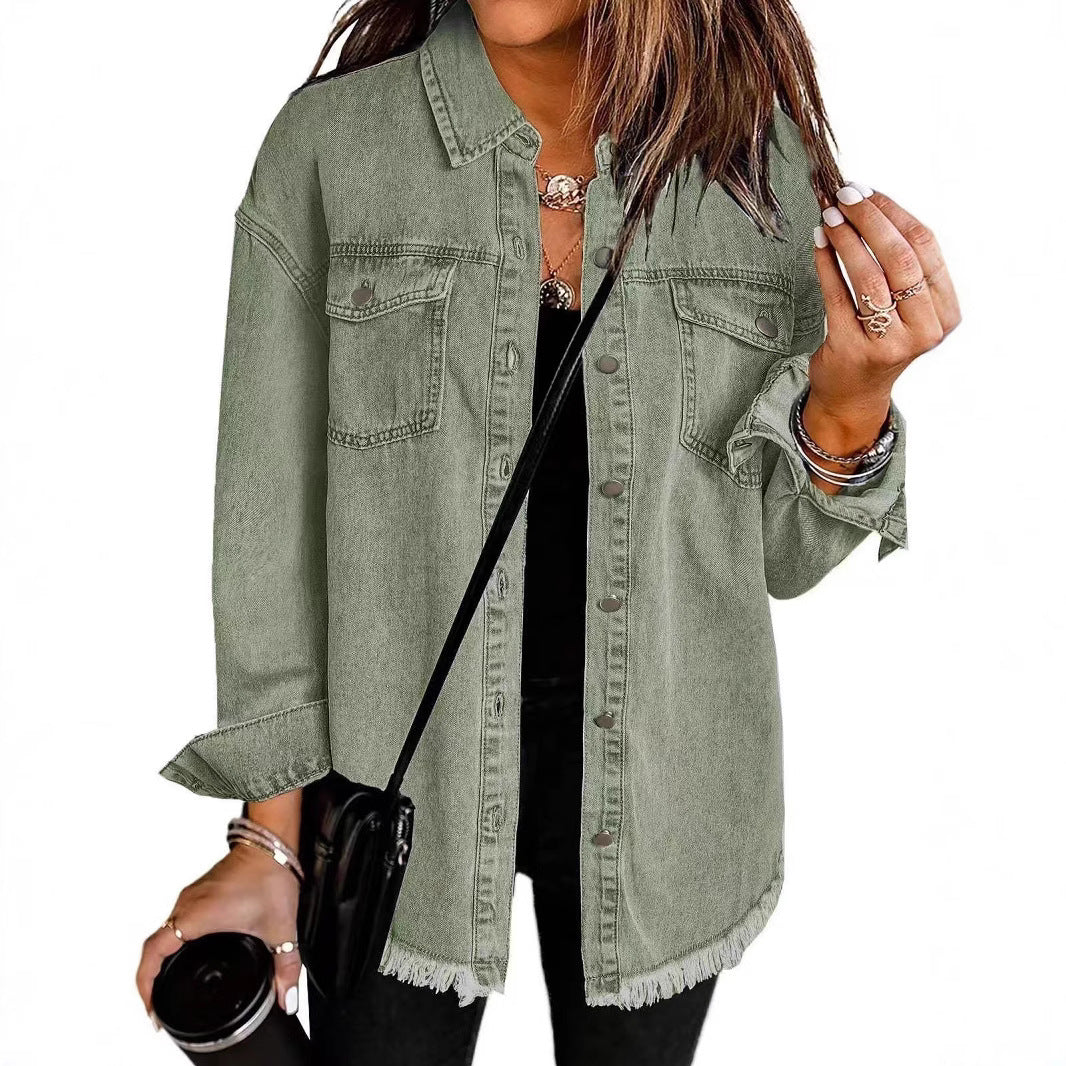 Cross-border New Washed Denim Shirt Jacket 2024 European and American Women's Autumn and Winter Distinctive Street Style Edge Hem Jacket - Grab & Glow