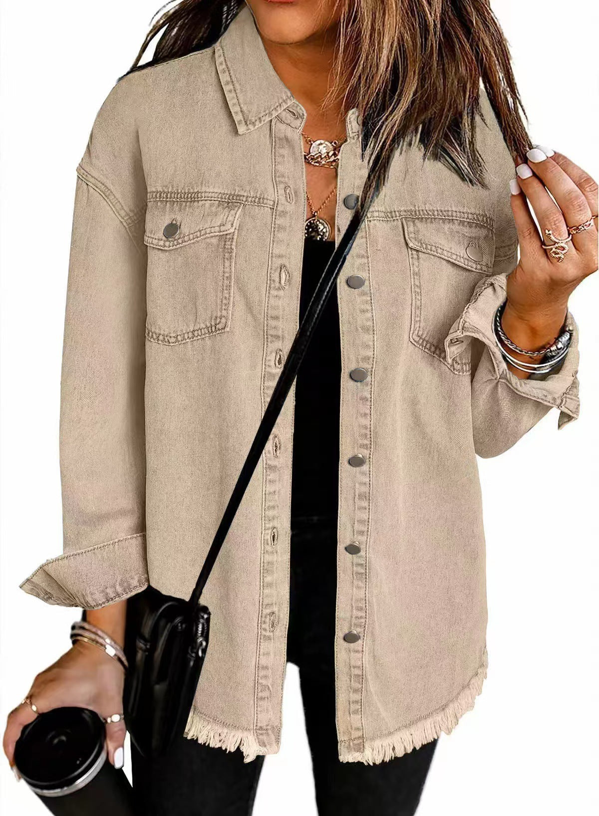 Cross-border New Washed Denim Shirt Jacket 2024 European and American Women's Autumn and Winter Distinctive Street Style Edge Hem Jacket - Grab & Glow