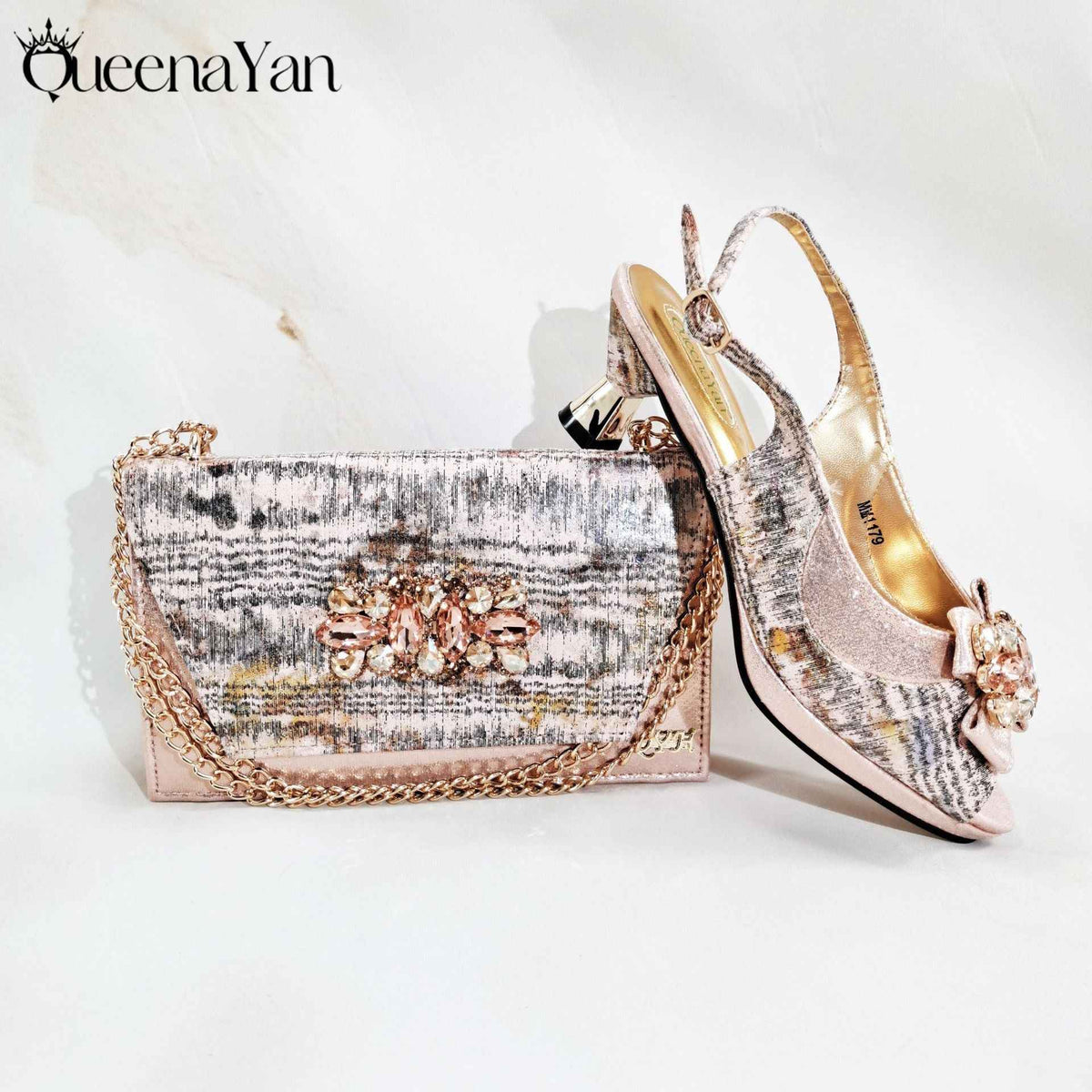 Irregular-Shaped Chunky Heel Shoes with Rhinestone Decoration and Back Strap, Women's Shoes with Chain Shoulder Evening Bag, Fashionable Party Shoe and Bag Set - Grab & Glow
