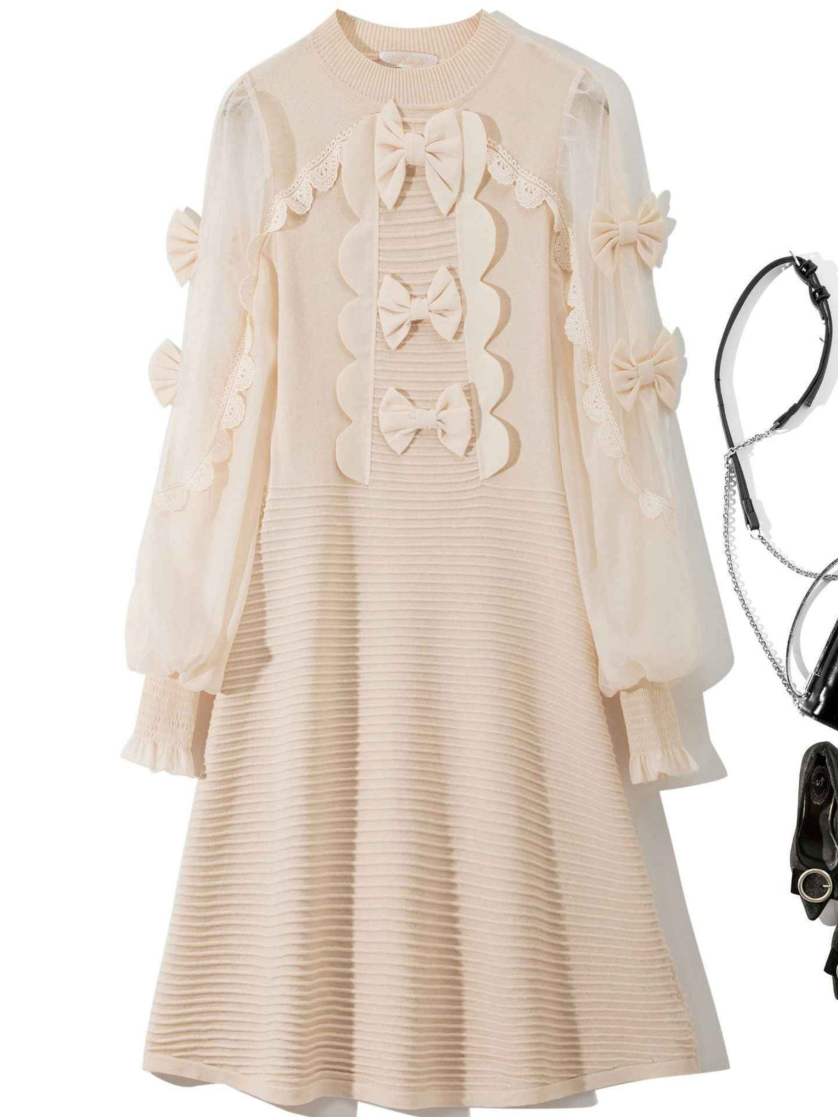 L6790 2025 Autumn Women's New Half-Turtleneck Bow Decoration Color-Block Lantern Long Sleeve Dress - Grab & Glow