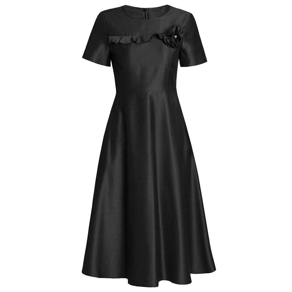 Zhili French-Style Elegant Ladylike Dress with Three-Dimensional Floral Decoration, High-Waisted Short-Sleeve A-Line Flared Skirt, Summer 2026 - Grab & Glow